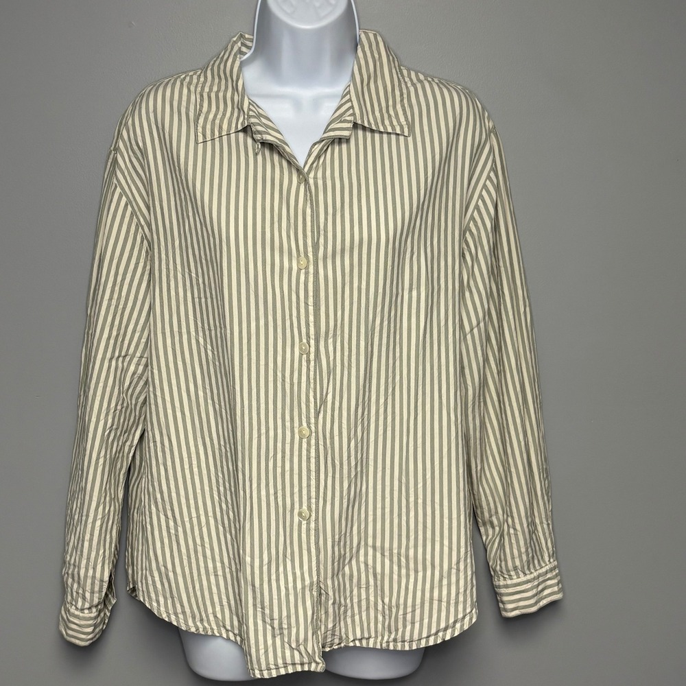 VTG Talbots 100% Silk Mint Green Striped Business Casual Career Button-Up Sz 14